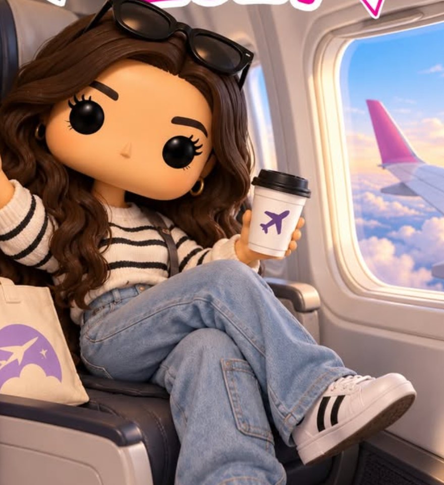 Ilustración de una viajera en el avión con un café